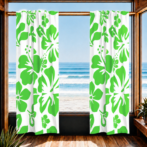 Lime Green Hawaiian Flowers on White Window Curtains - Extremely Stoked® Eco Beach Luxe Collection - Large Scale