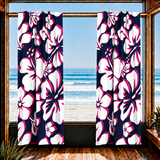 Navy Blue, Hot Pink and White Hawaiian Flowers Window Curtains - Extremely Stoked® Eco Beach Luxe Collection - Large Scale