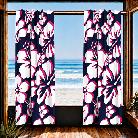 Navy Blue, Hot Pink and White Hawaiian Flowers Window Curtains - Extremely Stoked® Eco Beach Luxe Collection - Large Scale