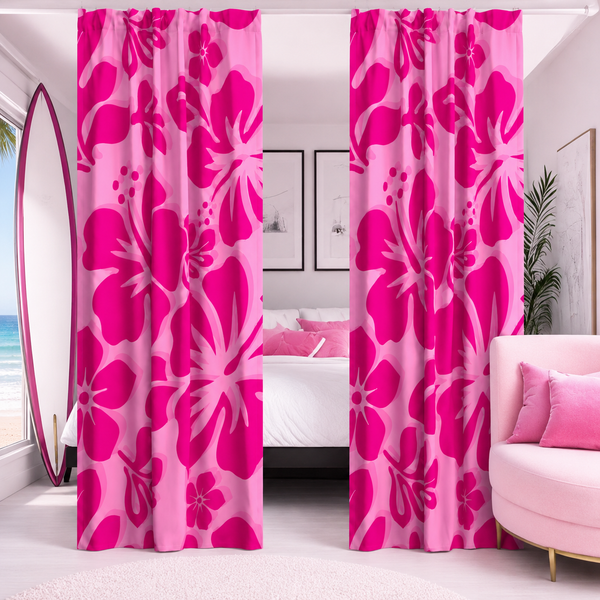Raspberry Pinks Hawaiian Flowers Window Curtains -Extremely Stoked® Eco Beach Luxe Collection - Large Scale