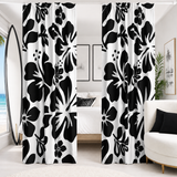 Black Hawaiian Flowers on White Window Curtains - Extremely Stoked® Eco Beach Luxe Collection - Large Scale