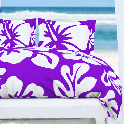 Purple & White Hawaiian Flowers Duvet Cover – Large Scale – Extremely Stoked® Eco Luxe Beach Bedding