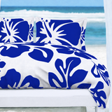 Royal Blue Hawaiian Flowers on White Duvet Cover – Large Scale – Extremely Stoked® Eco Luxe Beach Bedding