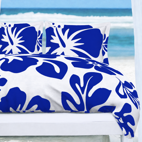 Royal Blue Hawaiian Flowers on White Duvet Cover – Large Scale – Extremely Stoked® Eco Luxe Beach Bedding