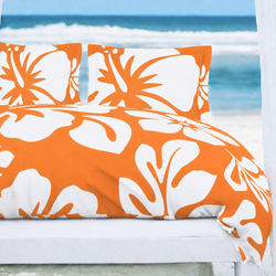 Orange & White Hawaiian Flowers Duvet Cover – Large Scale – Extremely Stoked® Eco Luxe Beach Bedding