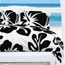 Black Hawaiian Flowers on White Duvet Cover – Large Scale – Extremely Stoked® Eco Luxe Beach Bedding