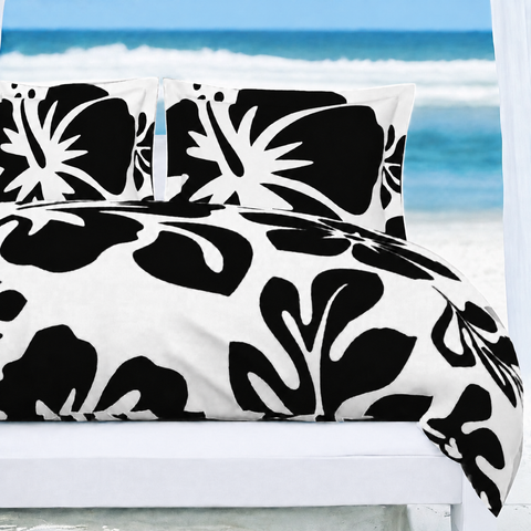 Black Hawaiian Flowers on White Duvet Cover – Large Scale – Extremely Stoked® Eco Luxe Beach Bedding