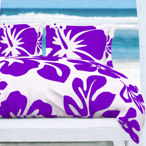 Purple Hawaiian Flowers on White Duvet Cover – Large Scale – Extremely Stoked® Eco Luxe Beach Bedding