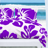 Purple Hawaiian Flowers on White Duvet Cover – Large Scale – Extremely Stoked® Eco Luxe Beach Bedding