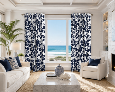 Navy Blue Hawaiian Flowers on White Window Curtains - Extremely Stoked® Eco Beach Luxe Collection - Medium Scale