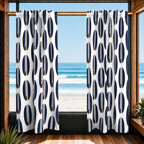 Navy Blue and Brown Classic Surfboards Window Curtains – Extremely Stoked® Eco Beach Luxe Collection - Biggie Size