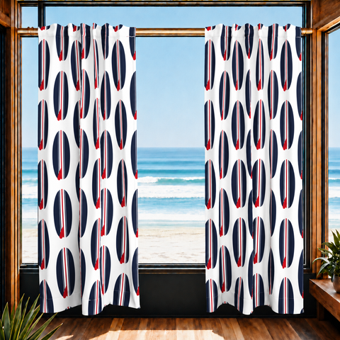 Red, White and Navy Blue Classic Surfboards Window Curtains – Extremely Stoked® Eco Beach Luxe Collection - Biggie Size