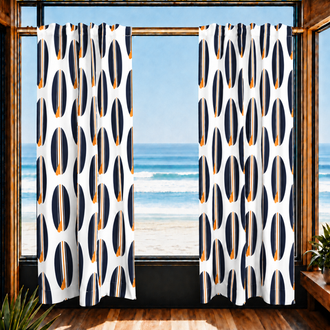 Navy Blue and Orange Classic Surfboards Window Curtains – Extremely Stoked® Eco Beach Luxe Collection - Biggie Size