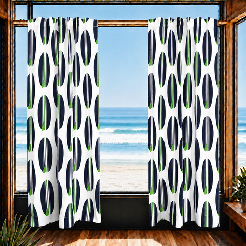Navy Blue and Fresh Green Classic Surfboards Window Curtains – Extremely Stoked® Eco Beach Luxe Collection - Biggie Size