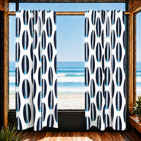 Navy Blue and Aqua Blue Classic Surfboards Window Curtains – Extremely Stoked® Eco Beach Luxe Collection - Biggie Size