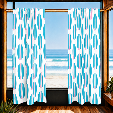 Aqua Blue and Pink Classic Surfboards Window Curtains – Extremely Stoked® Eco Beach Luxe Collection - Biggie Size