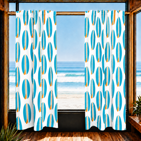 Aqua Blue and Orange Classic Surfboards Window Curtains – Extremely Stoked® Eco Beach Luxe Collection - Biggie Size
