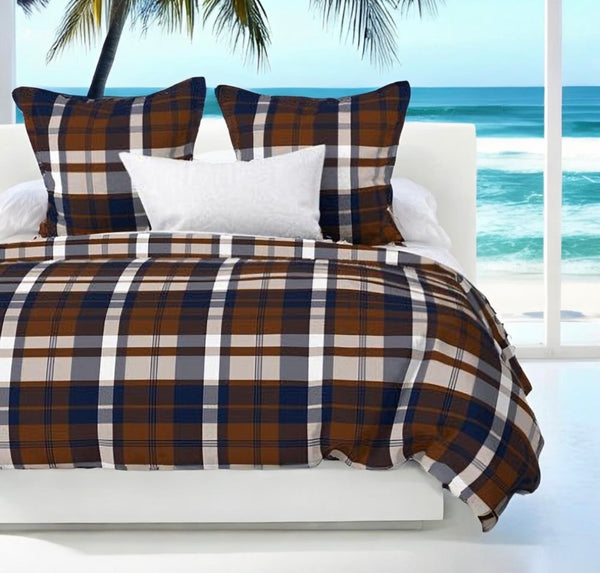 Preppy Surfer Navy Blue and Brown Plaid Duvet Cover