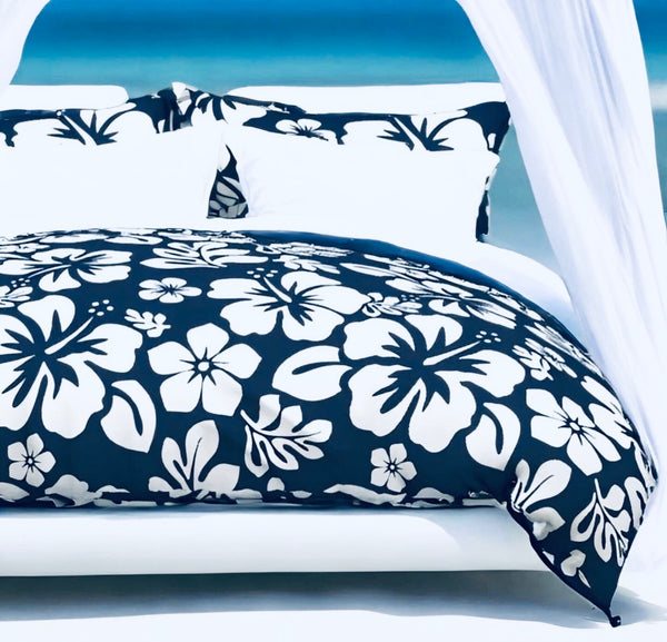Navy Blue and White Hibiscus and Hawaiian Flowers Duvet Cover -Medium Scale - Extremely Stoked