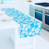 White Hawaiian Flowers on Aqua Blue Table Runner - Extremely Stoked