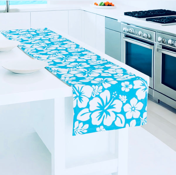 White Hawaiian Flowers on Aqua Blue Table Runner - Extremely Stoked