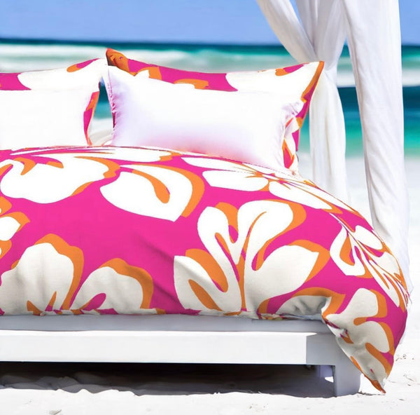 Surfer Girl Pink, Juicy Orange and White Hibiscus and Hawaiian Flowers Duvet Cover -Large Scale - Extremely Stoked