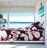 Surfer Red, White and Navy Blue Hawaiian Flowers Sheet Set Surfer Bedding™️ Large Scale - Extremely Stoked