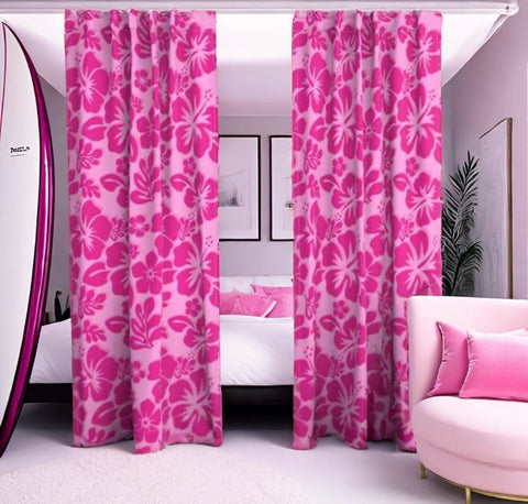 Soft Pink with Surfer Girl Hot Pink Hawaiian Flowers Window Curtains - Small Scale - Extremely Stoked