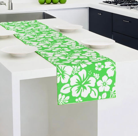 White Hawaiian Flowers on Lime Green Table Runner - Extremely Stoked