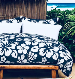 Navy Blue and White Hibiscus and Hawaiian Flowers Duvet Cover -Medium Scale - Extremely Stoked