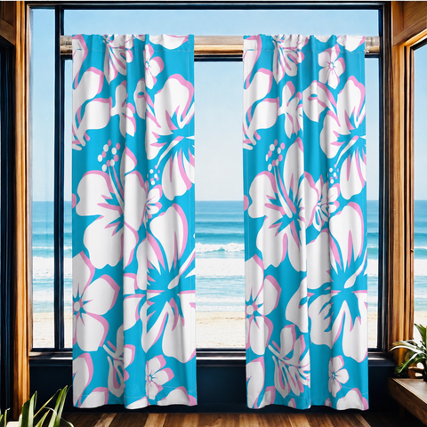 Aqua Blue, Pink and White Hawaiian Flowers Window Curtains - Extremely Stoked® Eco Beach Luxe Collection - Large Scale
