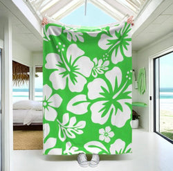 Bright Lime Green Hibiscus and Hawaiian Flowers Minky Throw Blanket