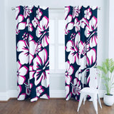 Navy Blue, Surfer Girl Pink and White Hibiscus and Hawaiian Flowers Duvet Cover - Large Scale - Extremely Stoked