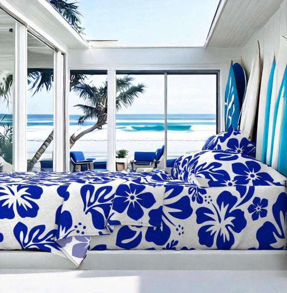Royal Blue Hawaiian Flowers on White Sheet Set from Surfer Bedding™️ Medium Scale - Extremely Stoked
