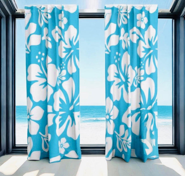 White Hawaiian Flowers on Aqua Ocean Blue Window Curtains - Extremely Stoked