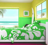 White Hawaiian Flowers on Bright Lime Green Sheet Set from Surfer Bedding™️ Large Scale - Extremely Stoked