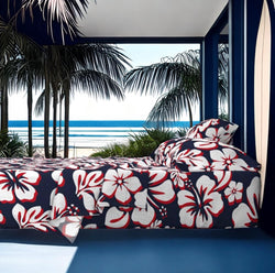 Surfer Red, White and Navy Blue Hawaiian Flowers Sheet Set Surfer Bedding™️ Medium Scale - Extremely Stoked