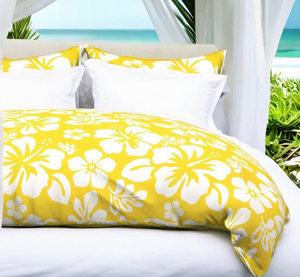 White Hibiscus and Hawaiian Flowers on Sunny Yellow Duvet Cover -Medium Scale - Extremely Stoked