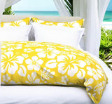 White Hibiscus and Hawaiian Flowers on Sunny Yellow Duvet Cover -Medium Scale - Extremely Stoked