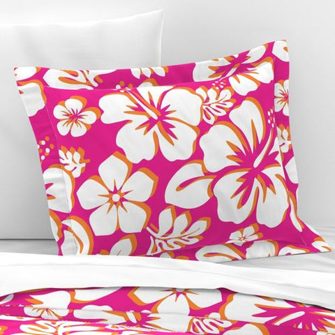 White and Orange Hawaiian Hibiscus Flowers on White Pillow Sham - Extremely Stoked