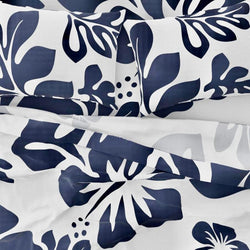 Navy Blue Hawaiian Flowers on White Sheet Set from Surfer Bedding™️ Large Scale - Extremely Stoked