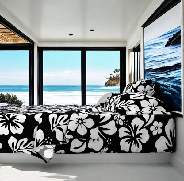 Black and White Hawaiian Flowers Sheet Set from Surfer Bedding™️ Medium Scale - Extremely Stoked