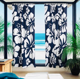 White Hawaiian Flowers on Navy Blue Window Curtains - Extremely Stoked
