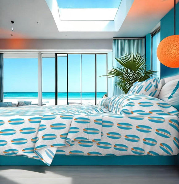 Aqua Ocean Blue and Orange Classic Surfboards Sheet Set from Surfer Bedding™️ Medium Scale - Extremely Stoked