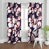 Navy Blue, Red and White Hawaiian Flowers Window Curtains - Extremely Stoked® Eco Beach Luxe Collection - Large Scale