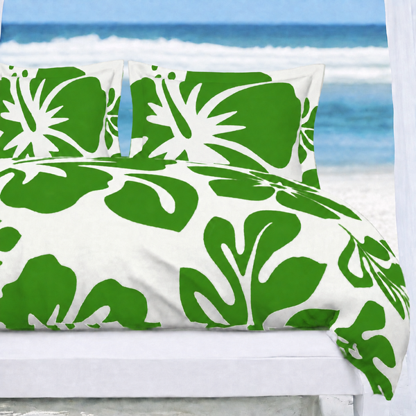 Fresh Green Hawaiian Flowers on White Duvet Cover – Large Scale – Extremely Stoked® Eco Luxe Beach Bedding