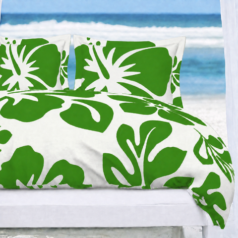Fresh Green Hawaiian Flowers on White Duvet Cover – Large Scale – Extremely Stoked® Eco Luxe Beach Bedding