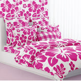 Surfer Girl Hot Pink Hawaiian Flowers on White Duvet Cover -Large Scale