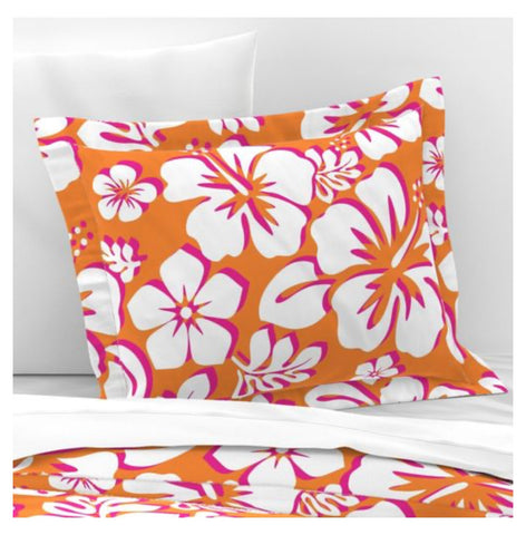 White and Hot Pink on Orange Hawaiian Hibiscus Flowers Pillow Sham - Extremely Stoked
