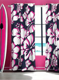 Navy Blue, Surfer Girl Pink and White Hawaiian Hibiscus Flowers Window Curtains - Extremely Stoked